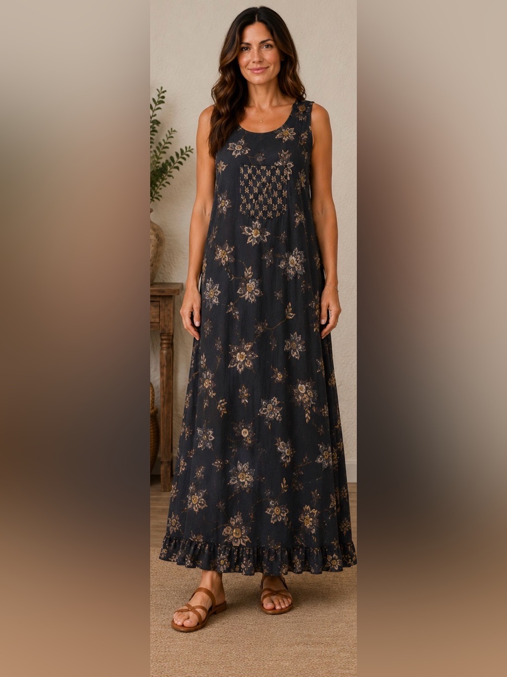 Dressing Clio Floral 100% Rayon  Sleeveless Maxi Dress Size L Boho Made in USA
